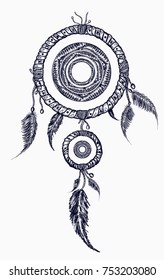 Dream catcher with feathers tattoo. Boho native american style t-shirt design. Indian dream catcher with ethnic ornaments tattoo art