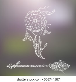 Dream catcher with feathers. Vector hand drawn illustration