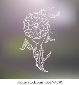 Dream catcher with feathers. Vector hand drawn illustration