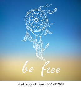 Dream catcher with feathers. Vector hand drawn illustration