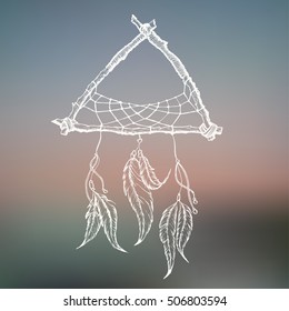 Dream catcher with feathers. Vector hand drawn illustration