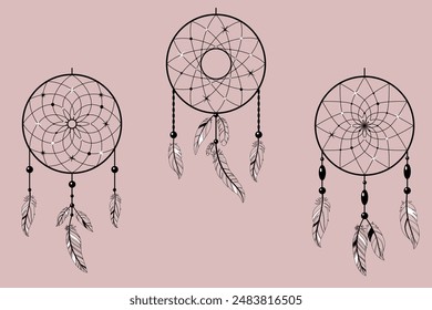 Dream catcher with feathers vector set. Tribal indian symbol. Ethnic vector illustration. Dreamcatchers silhouette. Boho style print. Outline sign threads, beads and feathers. Native american design.