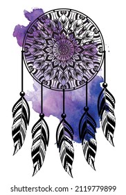 Dream catcher with feathers in watercolour style vector illustration drawing