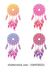 Dream catcher with feathers in zentangle gradient style vector illustration drawing.