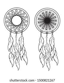 Dream catcher with feathers in zentangle style vector illustration drawing.