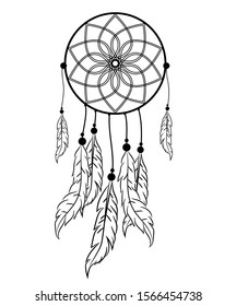 Dream catcher with feathers in zentangle style vector illustration drawing.