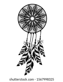 Dream catcher with feathers in zentangle style vector illustration drawing.