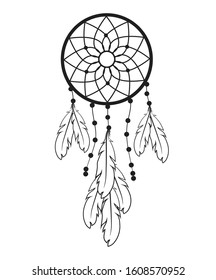 Dream catcher with feathers in zentangle style vector illustration drawing.