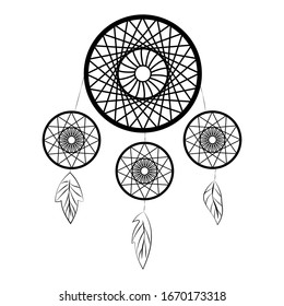 Capturador de sueños con plumas.Icono único hippy en la web de ilustración de material de símbolo vectorial de estilo de contorno.