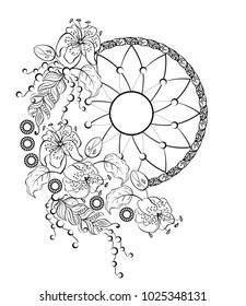 Dream catcher with flowers, lilies, leaves, plants, petals, buds, feathers, beads, pearls, cobwebs, thread. Sketch. Boho chic style