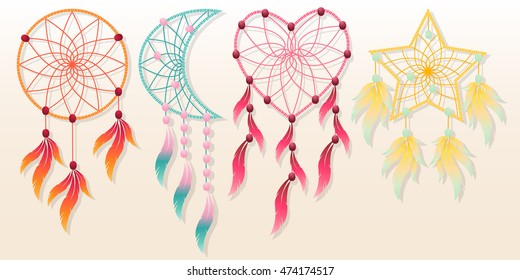 dream catcher in the form of circle, moon, heart, star with feather and bead