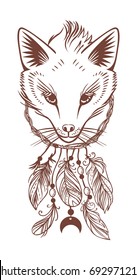 Dream catcher with fox head. Vector hand drawn illustration on white background