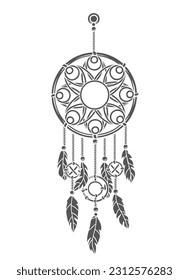 Dream catcher glyph icon vector illustration. Stamp of cute Indian or Aztec ethnic dreamcatcher with laces of floral pattern and bird feathers, bohemian magic symbol of good night and sweet dreams
