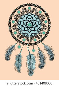 Dream catcher. Hand drawn Native American Indian talisman with feathers . Ethnic design, boho chic, tribal symbol.