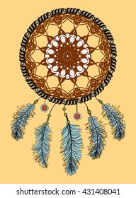 Dream catcher. Hand drawn Native American Indian talisman with feathers . Ethnic design, boho chic, tribal symbol.