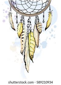 Dream catcher hand drawn sketch watercolor ethnic illustration with feathers on a white background