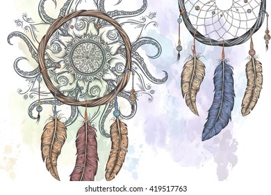 Dream catcher hand drawn vector illustration with abstract mandala. svg