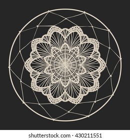Dream catcher. Hand drawn vector illustration. Crochet round decorative element on black background