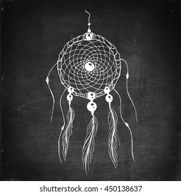 Dream catcher hand drawn vector stock illustration. Chalk board drawing