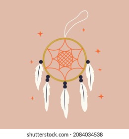 Dream catcher hanging amulet. Hand drawn ethnic element with feathers. Native magic decoration for sleep. Vector ilustration