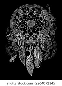 A dream catcher illustration typically depicts a circular web-like design with feathers and beads, believed to filter out bad dreams and promote good ones