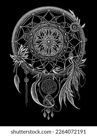 A dream catcher illustration typically depicts a circular web-like design with feathers and beads, believed to filter out bad dreams and promote good ones