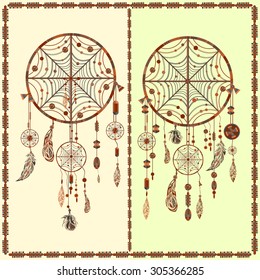 Dream Catcher indian amulet. A set of decorative elements of ethnic circles, beads, spider webs, feathers for design. Vector illustration