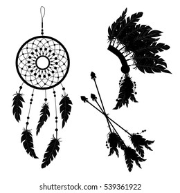 Dream catcher and Indian feather headdress. Three darts decorated with feathers. Silhouette.