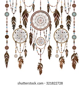 Dream Catcher. Isolated ethnic Indian colored decorative components. Feathers, beads. The concept for the design. Vector illustration