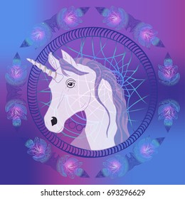 Dream catcher isolated on blue with head of Unicorn.