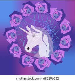 Dream catcher isolated on blue with head of Unicorn.