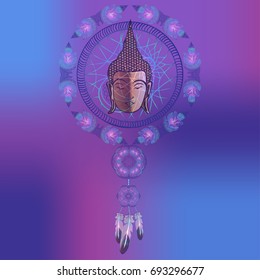 Dream catcher isolated on blue with head of Buddha.