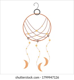 The dream catcher is isolated on a white background. Illustration in flat design style. Dream catcher with beads, hook and swirls. The moon is on every thread at the bottom of the circle.