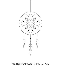 Dream catcher isolated on white background. Indian ethnic linear icon. Vector illustration