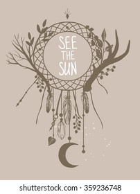 Dream catcher with magic amulets and moon. Vector hand drawn illustration for t-shirt, cover or more