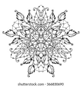 Dream catcher mandala with beads and feathers, kaleidoscope shape in black and white outline traditional drawing in ink and pen, hand drawn coloring page isolated on white background svg