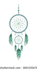 Dream catcher with mandala and feathers. Hand drawn indian talisman. Ethnic bohemian design element. Vector hipster illustration isolated on white background. Flat boho style.