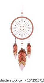 Dream catcher with mandala and feathers. Hand drawn indian talisman. Ethnic bohemian design element. Vector hipster illustration isolated on white background. Flat boho style.
