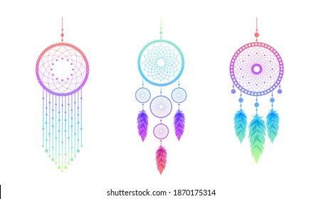 Dream catcher with mandala and feathers. Set of hand drawn indian talisman. Ethnic bohemian design element. Vector hipster illustration isolated on white background. Flat boho style.