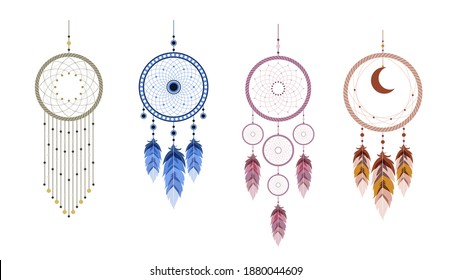 Dream catcher with mandala and feathers. Set of hand drawn indian talisman. Ethnic bohemian design element. Vector hipster illustration isolated on white background. Flat boho style. svg