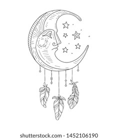 Dream Catcher with Moon Face, Ethnic Indian Symbol Hand Drawn Vector Illustration