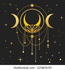 Dream catcher with Moon and lotus. Vector hand drawn illustration in boho style
