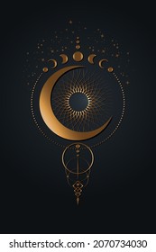 Dream catcher with Moon and Sun. Moon phases round. hand drawn illustration in boho style. Old golden wicca banner sign, sacred energy circles, vector isolated on black background