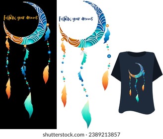 Dream catcher moon for t shirt print, vector. Kawaii sweet on white black background for t shirt . Inspirational quote card, invitation, banner, lettering, poster. Cartoon, rainbow