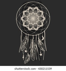 Dream catcher on black background. Hand drawn vector illustration.