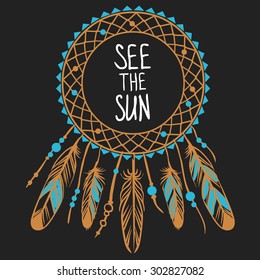Dream catcher on dark background. Vector illustration. Design for t-shirt, invitation card or cover