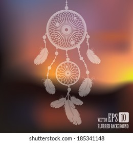 dream catcher on sunset blurred mesh background with sample text. vector illustration 