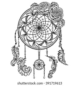 Dream catcher with ornament and roses. Tattoo art. Retro banner, card, scrap booking, t-shirt, bag, print, poster.Highly detailed vintage black and white hand drawn vector illustration svg