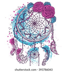 Dream catcher with ornament and roses. Tattoo art. Colorful hand drawn grunge style art. Retro banner, card, scrap booking, t-shirt, bag, print, poster.Highly detailed vintage vector illustration svg