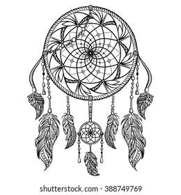 Dream catcher with ornament. Tattoo art. Retro banner, card, scrap booking, t-shirt, bag, print, poster.Highly detailed vintage black and white hand drawn vector illustration